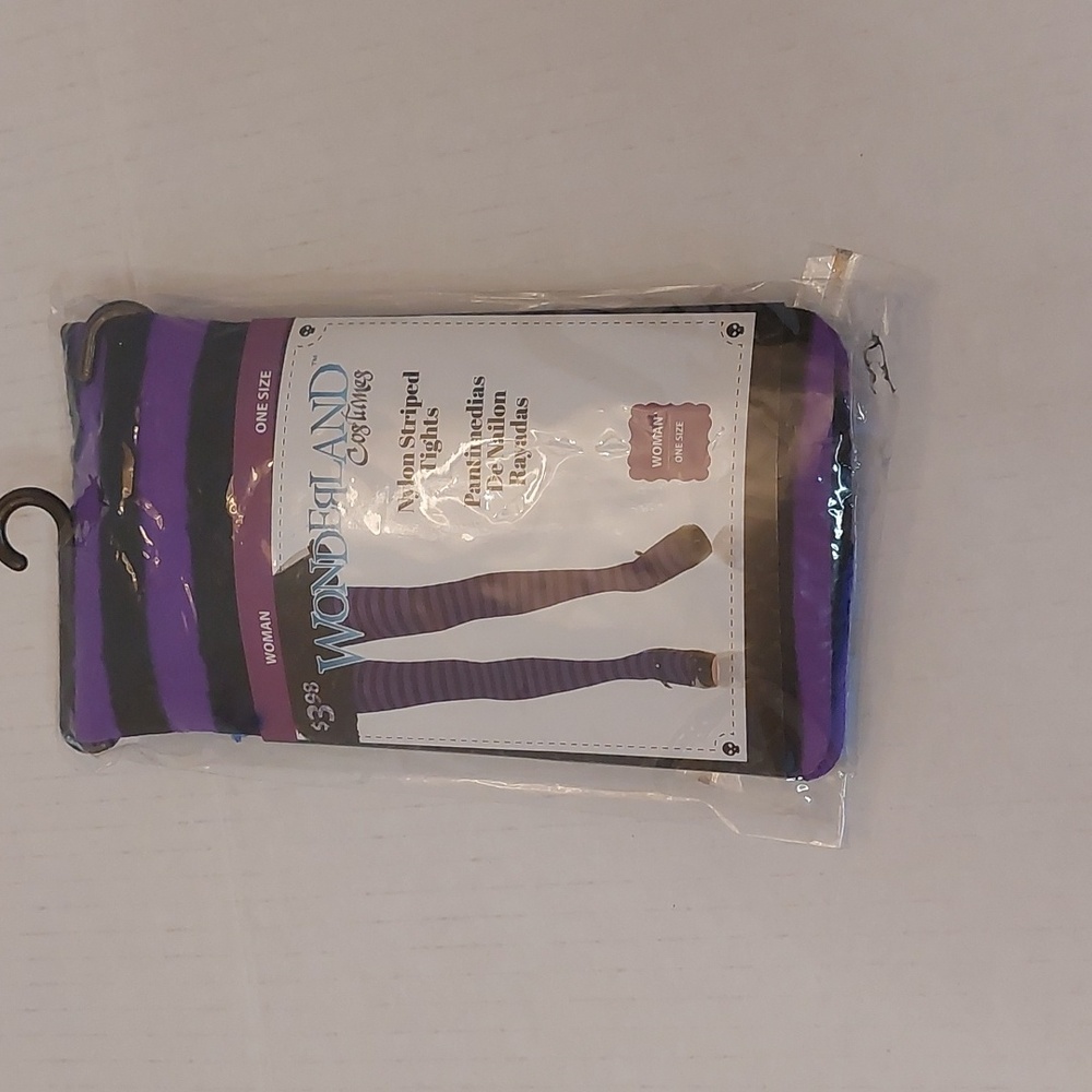 WITCH HAT PURPLE BLACK VEIL PURPLE AND BLACK STRIP TIGHTS SIZE ONE SIZE 2 PEICE - Picture 4 of 5